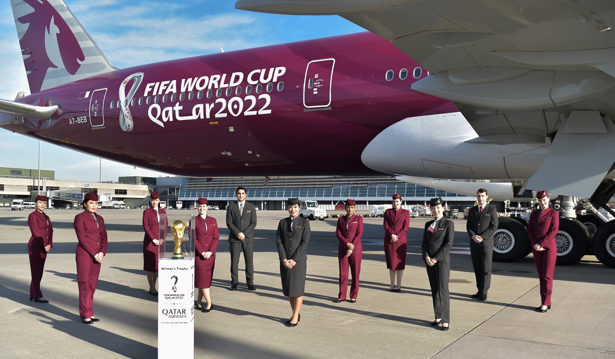 Qatar Airways showcases Boeing 777 with World Cup logo at Farnborough Global Airshow